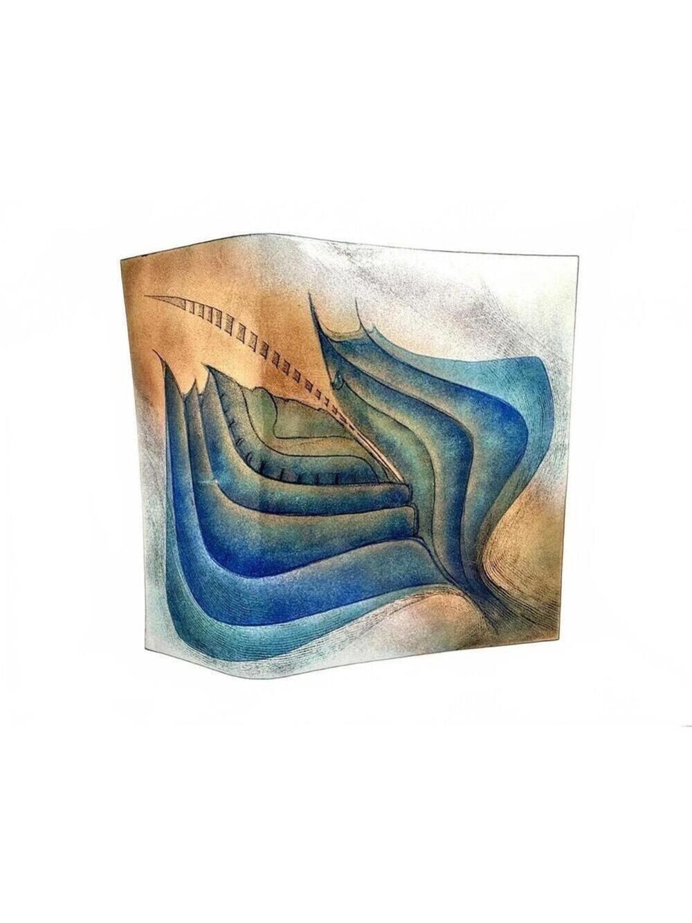 Abstract Enamel Art On 10x11 inches Curved Copper Freestanding Panel Mid Century